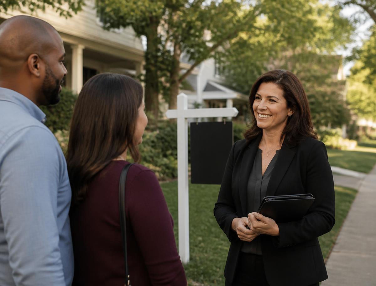 Real estate agent talking with a couple in front of a home for sale