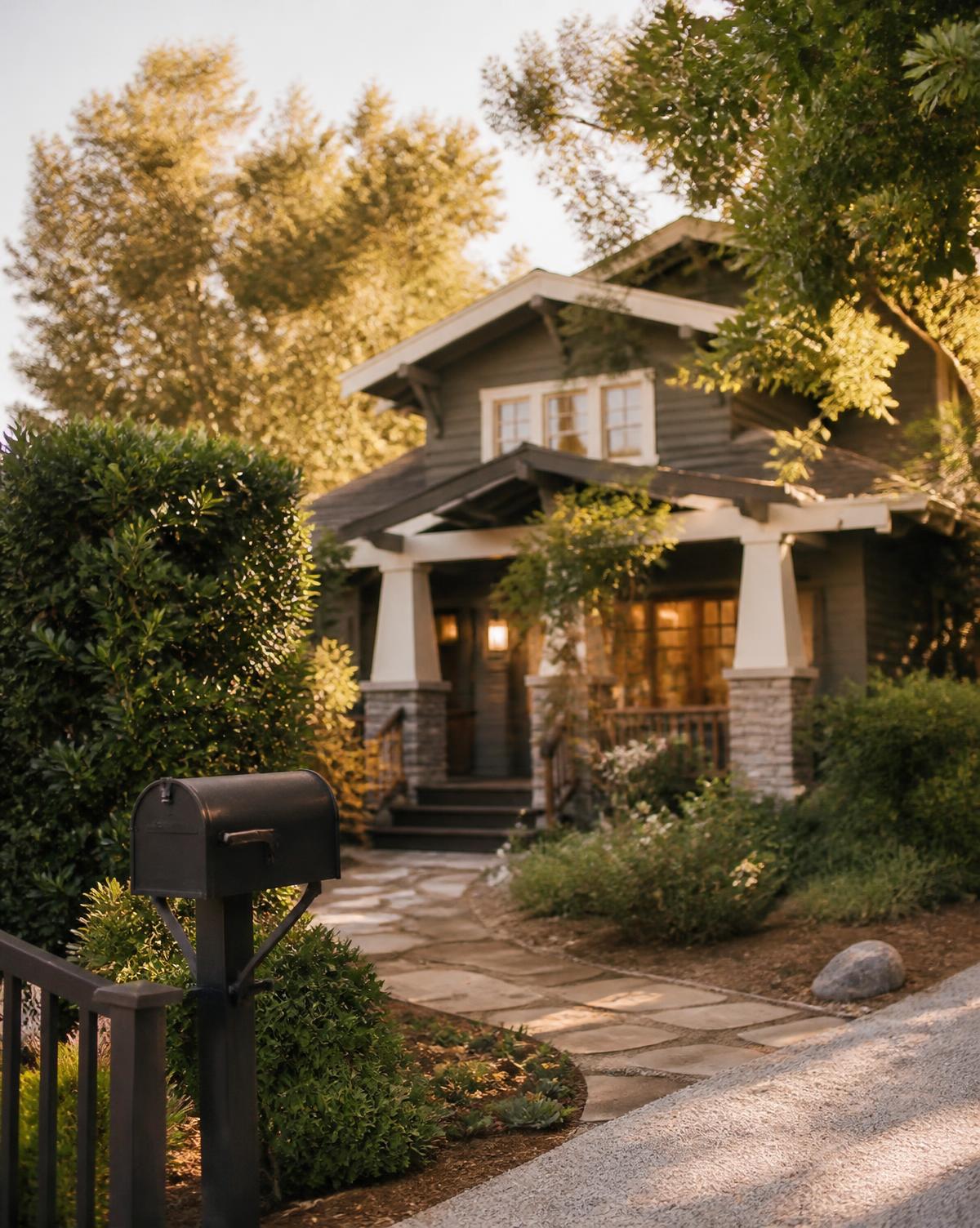 Craftsman home at golden hour with a mailbox at the curb